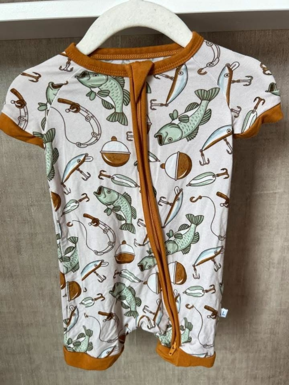 Baby Short-Sleeve One-Piece Romper in Rust Trim with Fishing Print